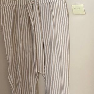 Zara lightweight Capri Pants Tapered Leg Tie Bow Waist Tan White Strip Medium